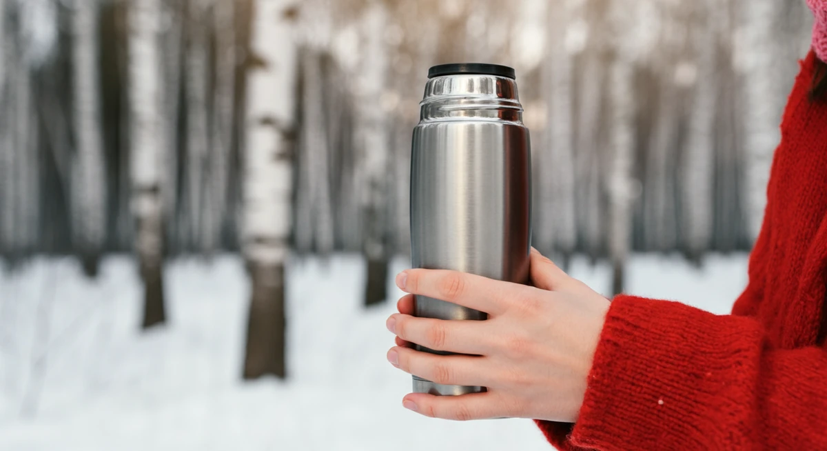 Aamuvalo kaamoksessa termoskuppi metsäaamukävelyllä