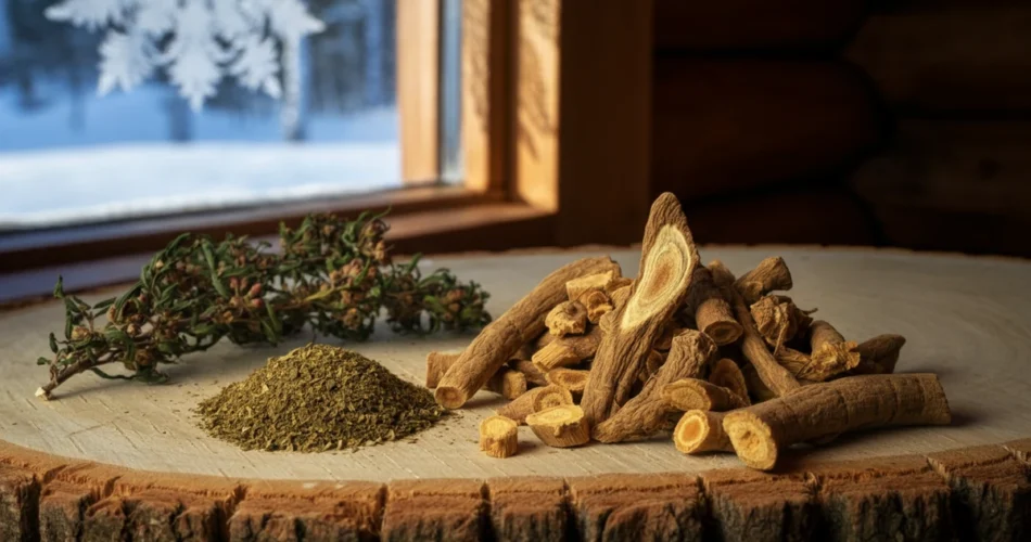 Adaptogeeni kaamos rhodiola ja ashwagandha juuret pöydällä