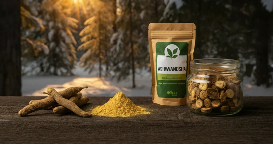 Ashwagandha annostus uneen – juuri ja jauhe talvimetsässä