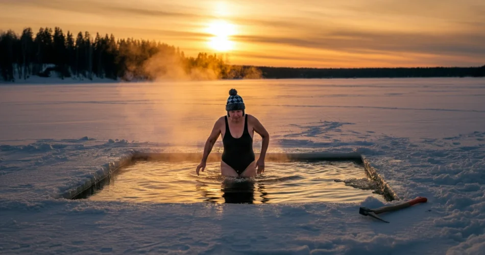 Avantouinti aloittaminen ensimmäinen kerta jäätyneellä järvellä