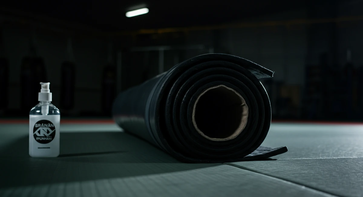 bjj-matto ja desinfiointiaine puhtaalla salilla