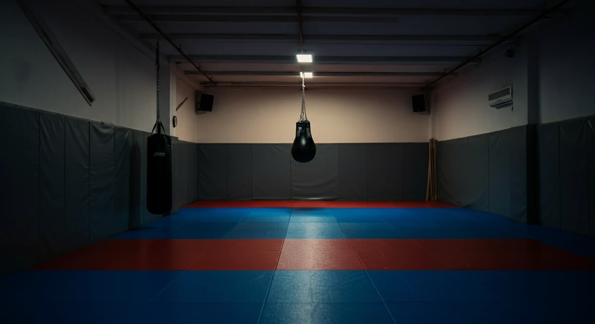 tyhjä bjj-sali illalla treenien jälkeen