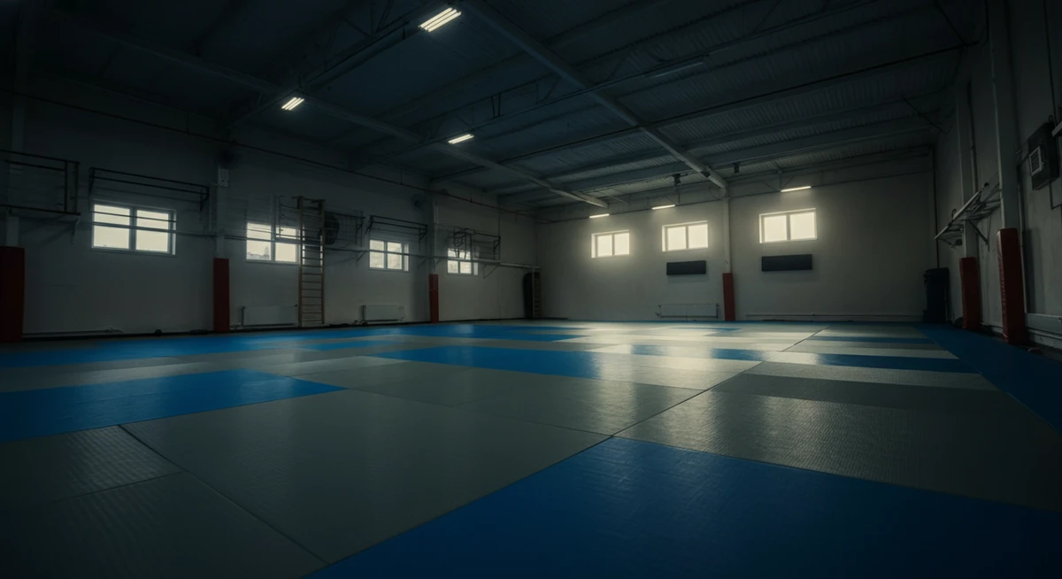 tyhjä bjj-sali aamulla naiselle aloittajalle