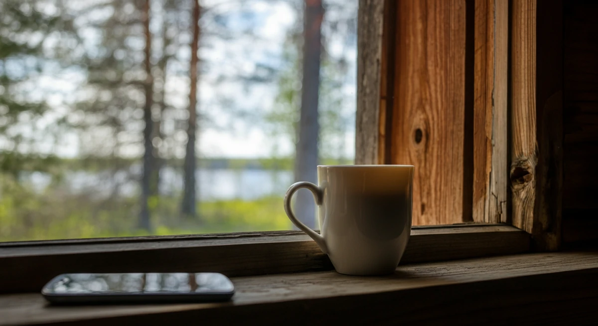 Aamukahvi ilman puhelinta mökin ikkunalla