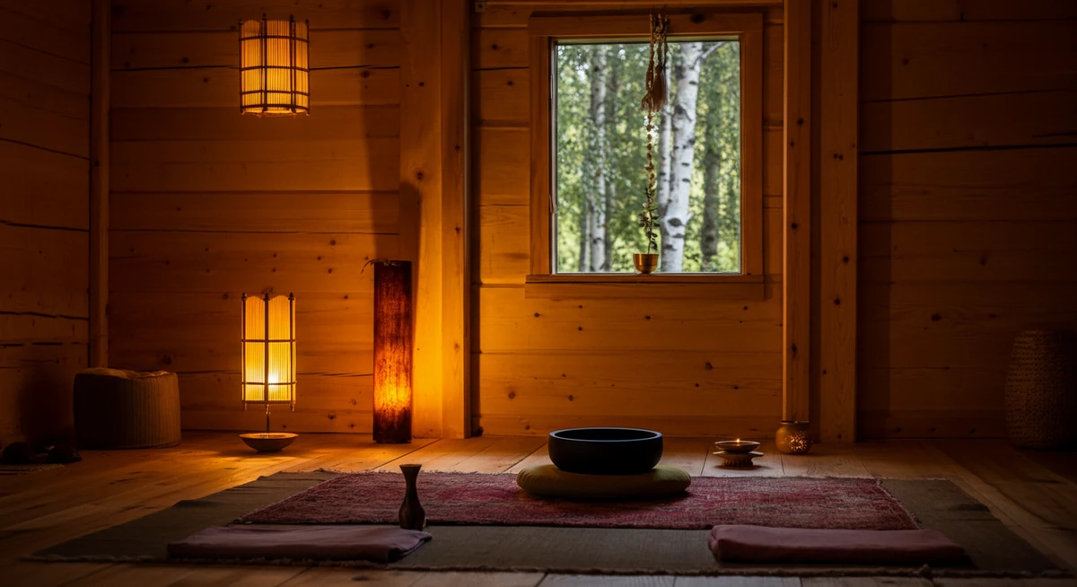 Retriitin meditaatiohuone Suomessa koivumetsän äärellä