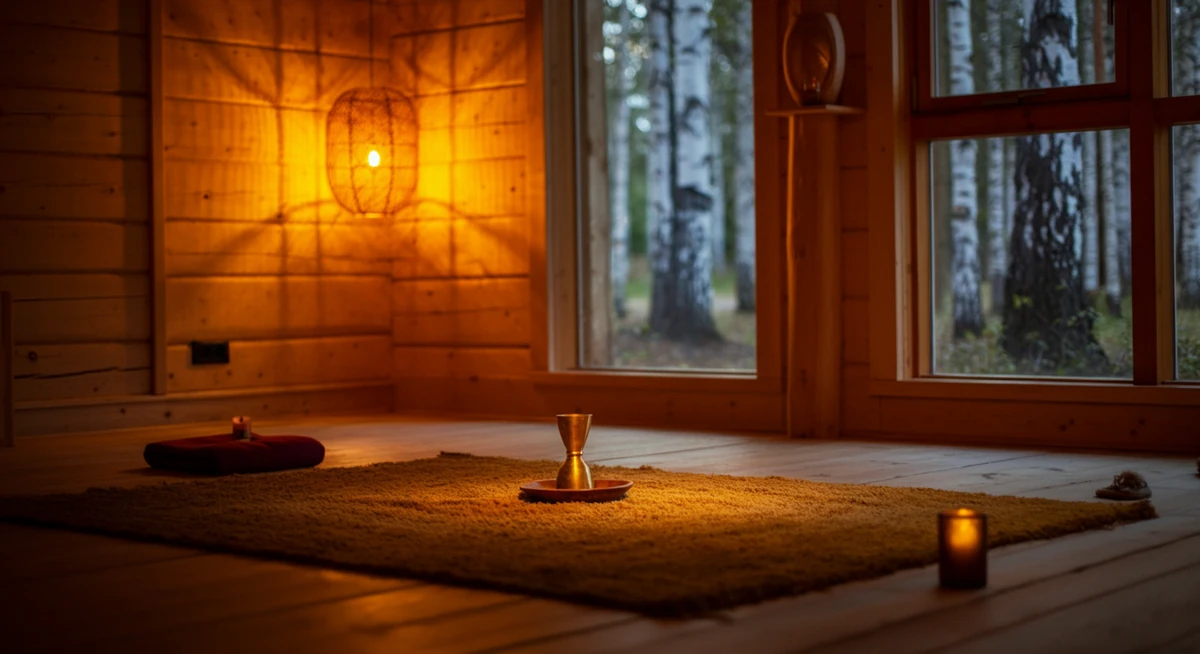 Retriitin meditaatiohuone Suomessa koivumetsän äärellä