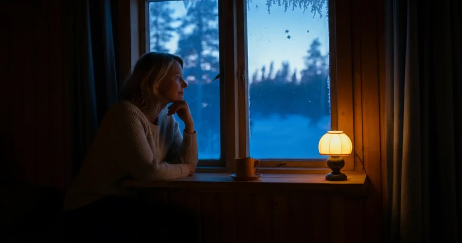 Suomalainen nainen ikkunan ääressä kaamosmasennus oireet pohdittavana