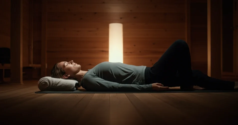 Kehoskannaus meditaatio – rentoutumisasento suomalaisessa minimalistisessa huoneessa