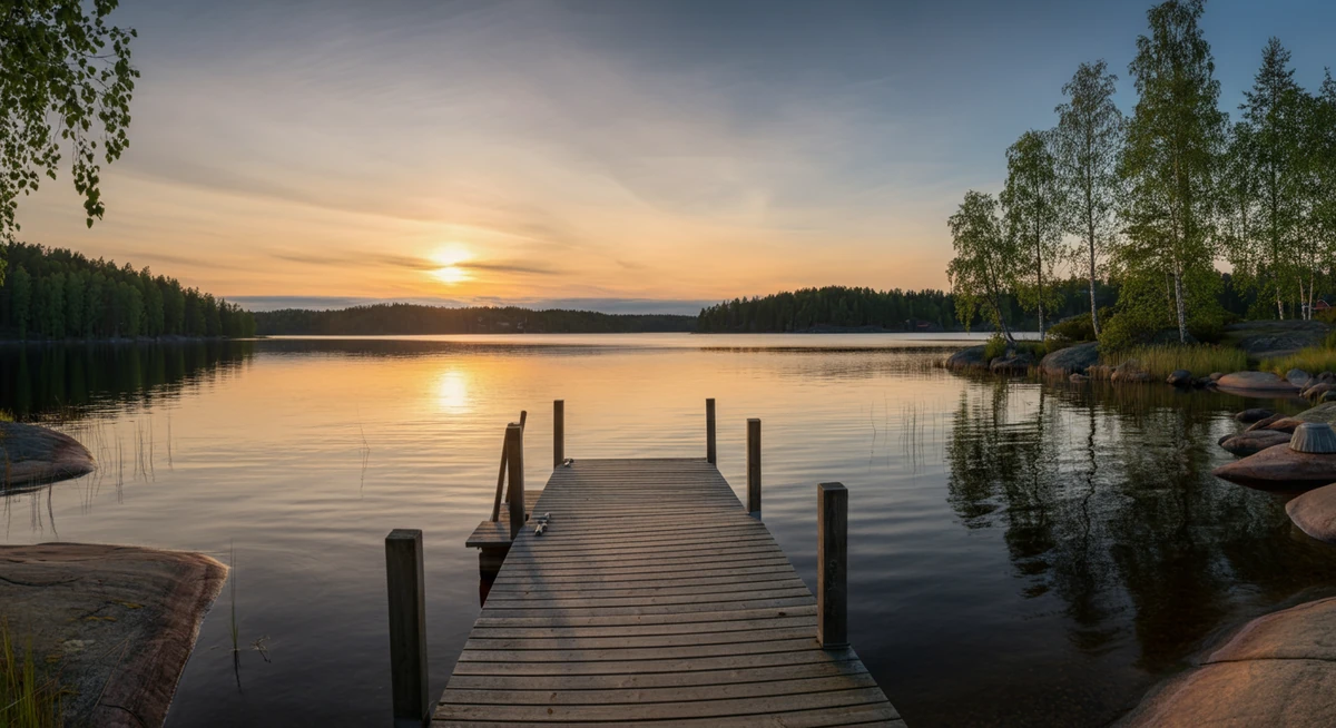 Mökkilaituri rauhallisella järvellä