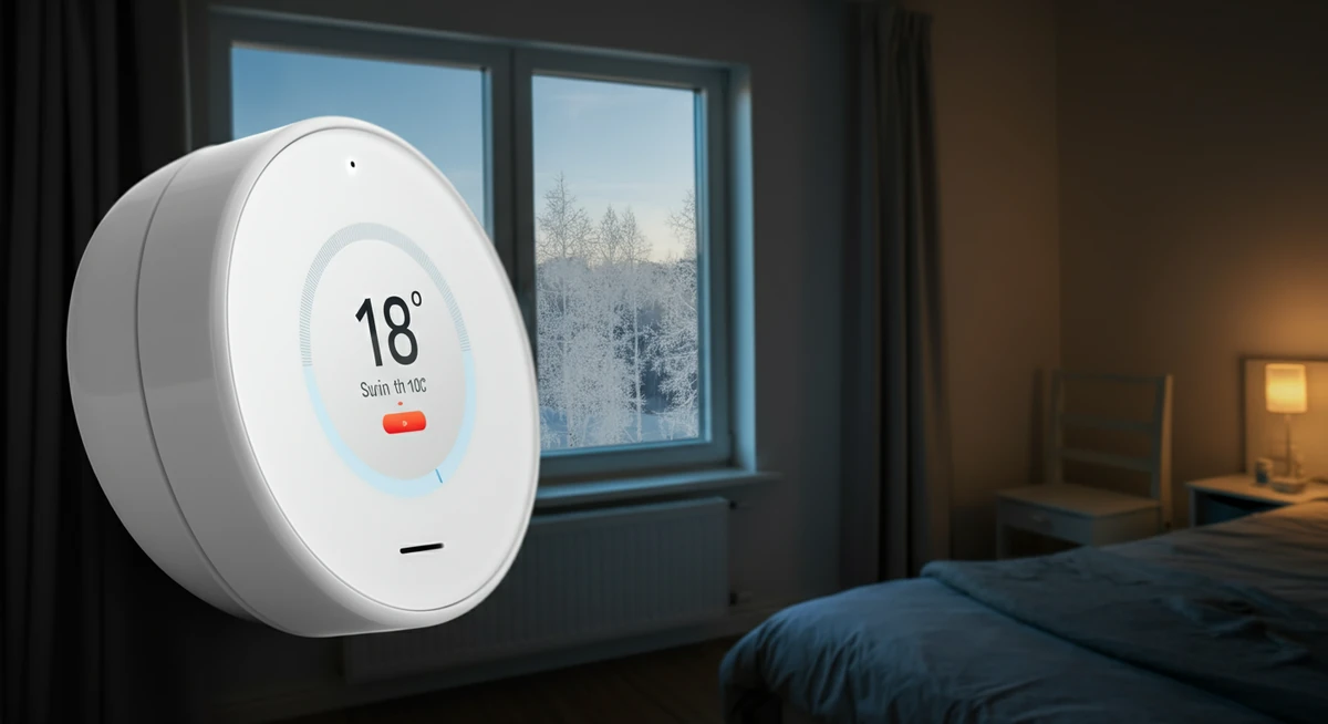 Älytermostaatti näyttää 18 astetta makuuhuoneessa