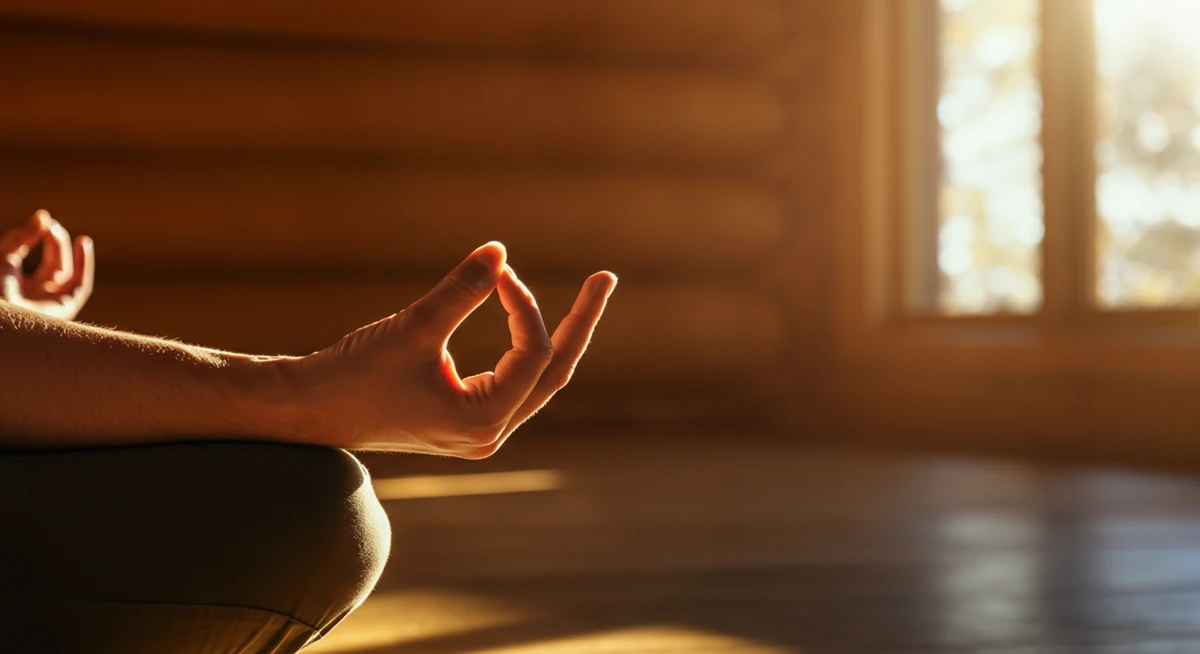 Kädet meditaatioasennossa suomalaisessa sisustuksessa
