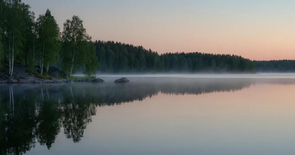 mökin hiljaisuus järvi sumussa