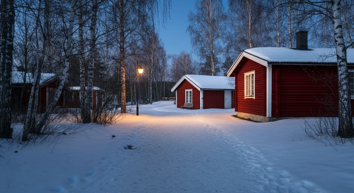 lumipolku talvimökille rauhallinen ilta