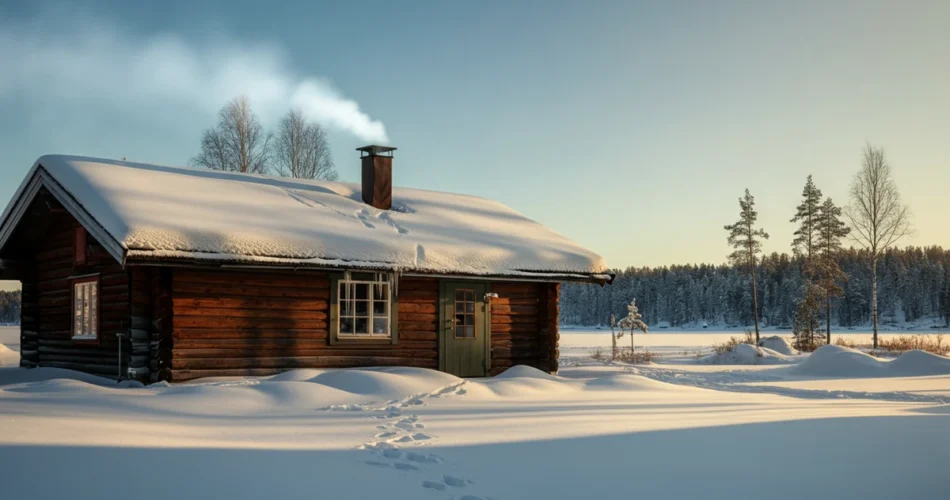 mökin talvi luminen mökki jäätyneellä järvellä