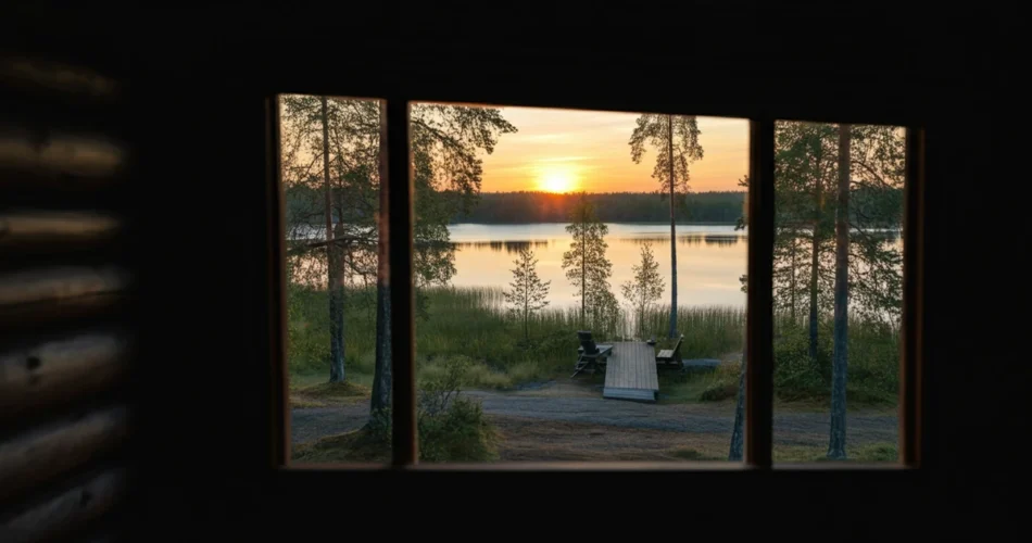mökkiaamut vireys auringonnousu järvellä