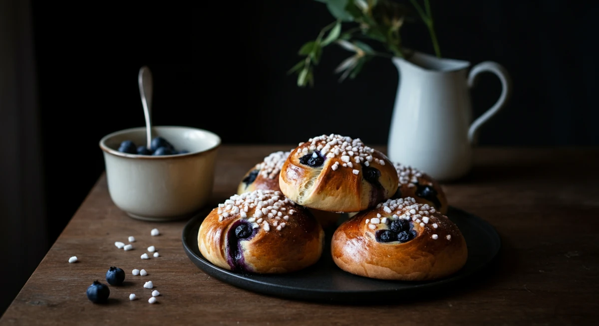 mustikkapulla resepti tarjoiltuna