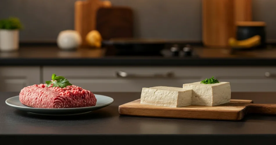 Nyhtökaura proteiini – nyhtökaura, jauheliha ja tofu rinnakkain keittiössä