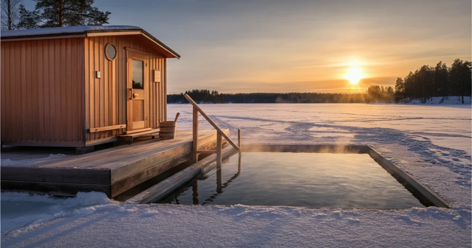 Sauna avantouinti vuorottelu – avanto ja sauna talvisen järven äärellä