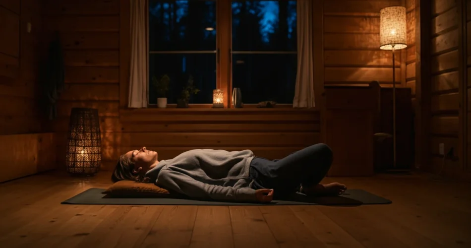 Yoga nidra suomeksi – savasana-asento suomalaisessa kodissa iltavalaistuksessa